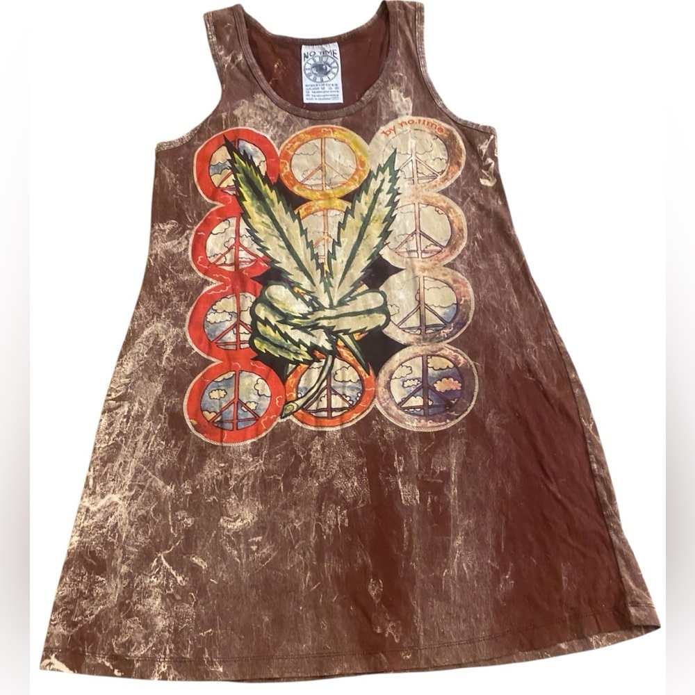 Women’s sleeveless tank mini dress beach festival  peace cannibas cotton M